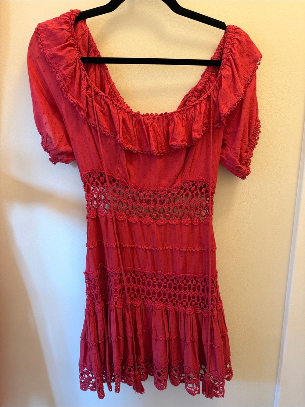 Free people size 4 -Red Crochet-Trim Short Sleeve Women's Dress